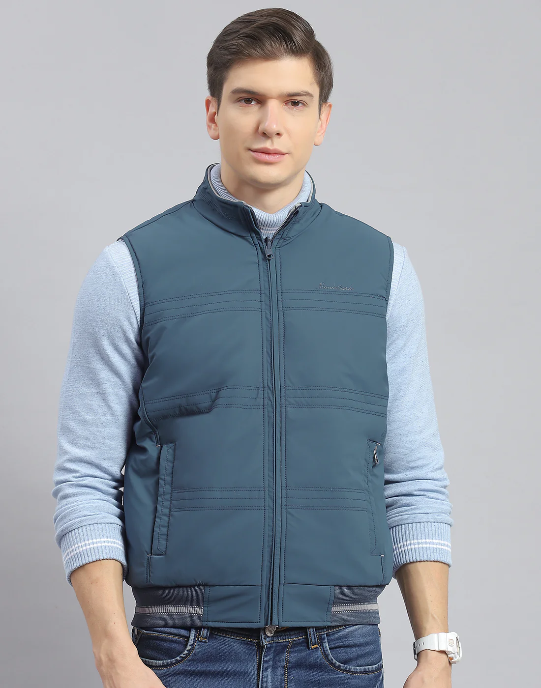 Men Teal Blue Solid Stand Collar Sleeveless Jacket - Image 2
