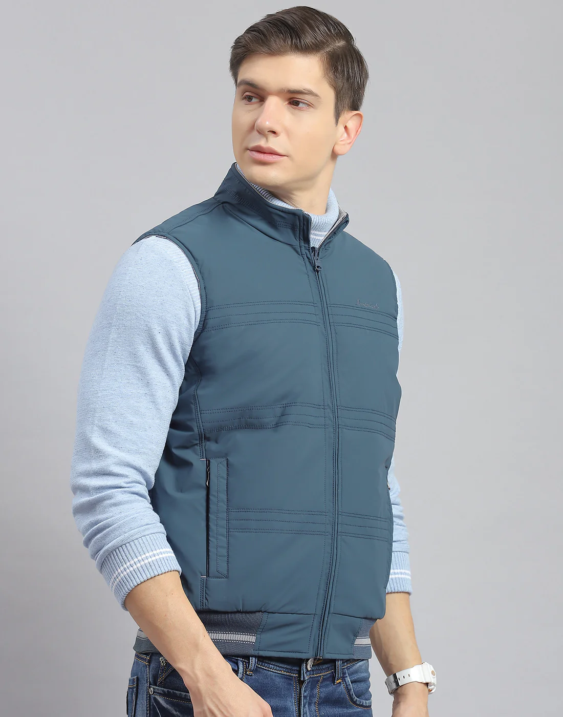 Men Teal Blue Solid Stand Collar Sleeveless Jacket - Image 4