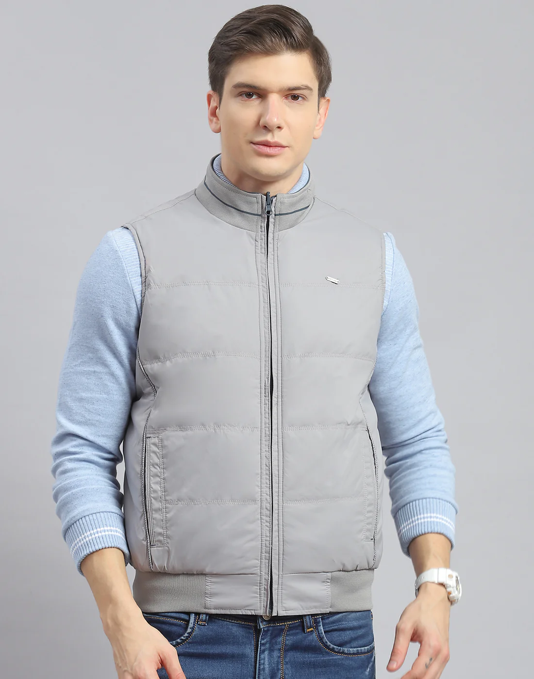 Men Teal Blue Solid Stand Collar Sleeveless Jacket - Image 6