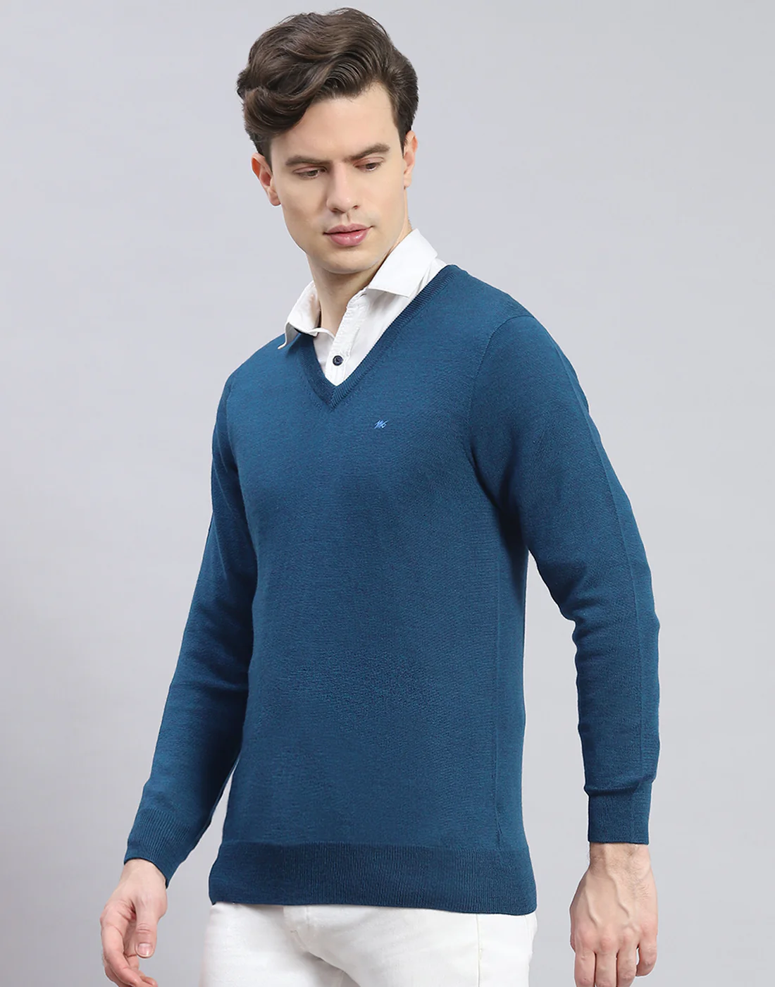Men Teal Blue Solid V Neck Full Sleeve Pullover - Image 3