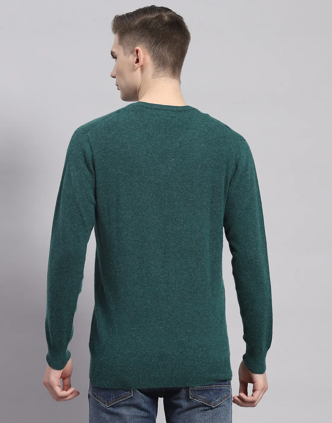 Men Teal Blue Solid V Neck Full Sleeve Pullover - Image 6