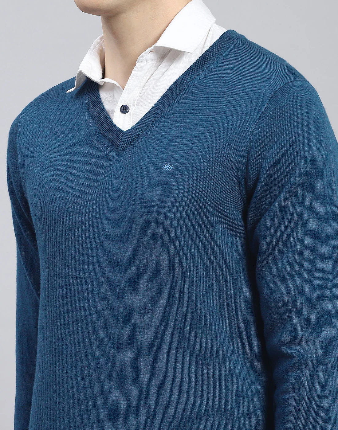 Men Teal Blue Solid V Neck Full Sleeve Pullover - Image 6