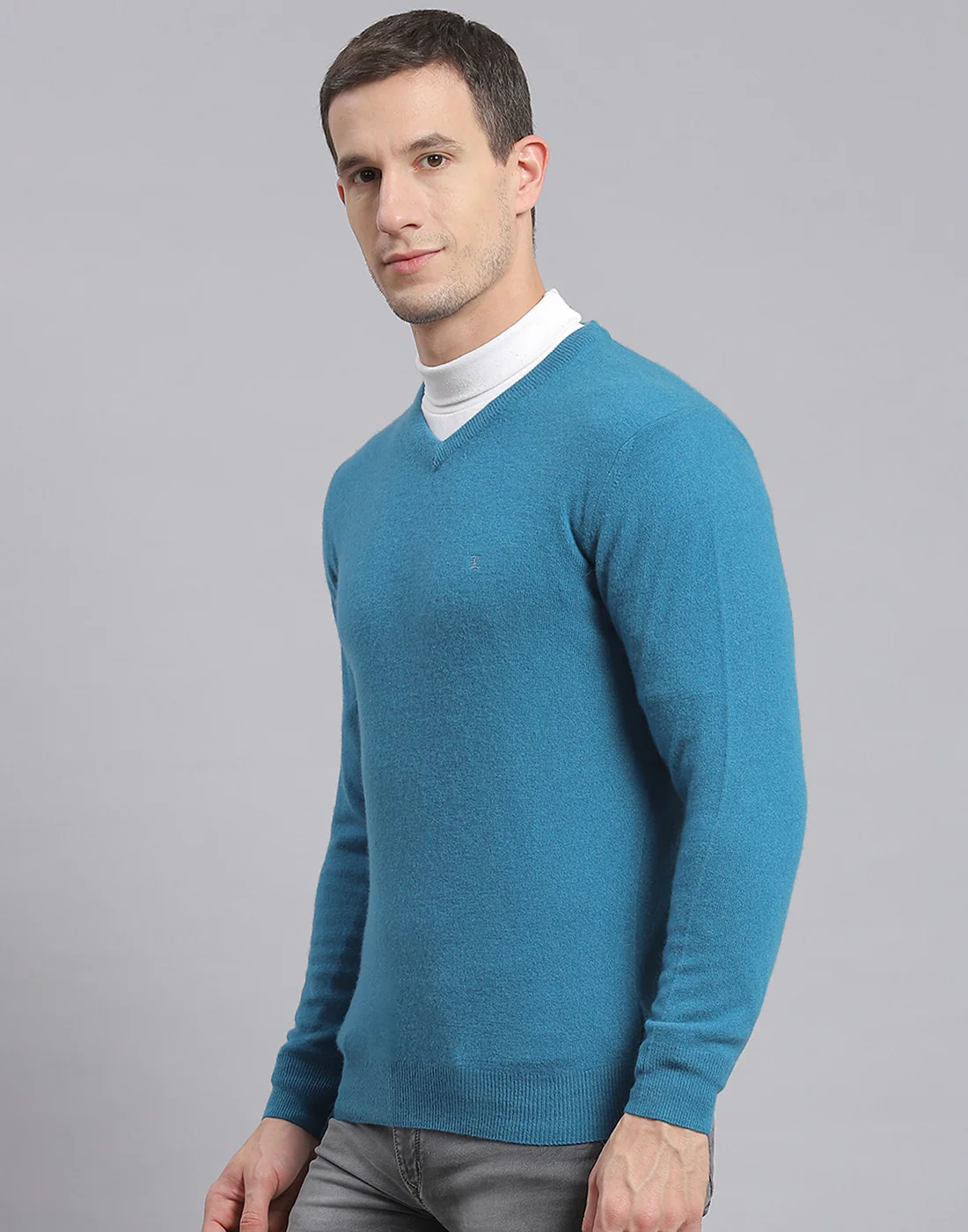 Men Teal Blue Solid V Neck Full Sleeve Sweater - Image 3