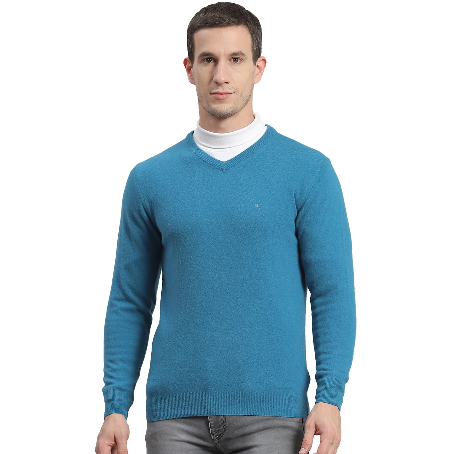 Men Teal Blue Solid V Neck Full Sleeve Sweater - Image 5