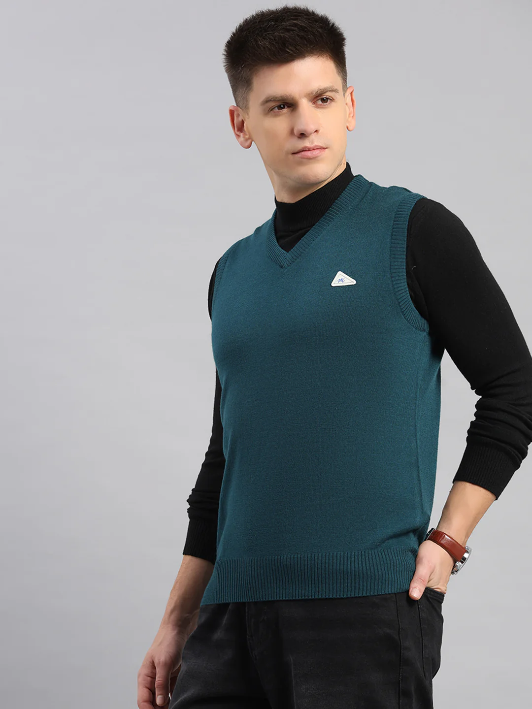 Men Teal Blue Solid V Neck Sleeveless Sweater - Image 3