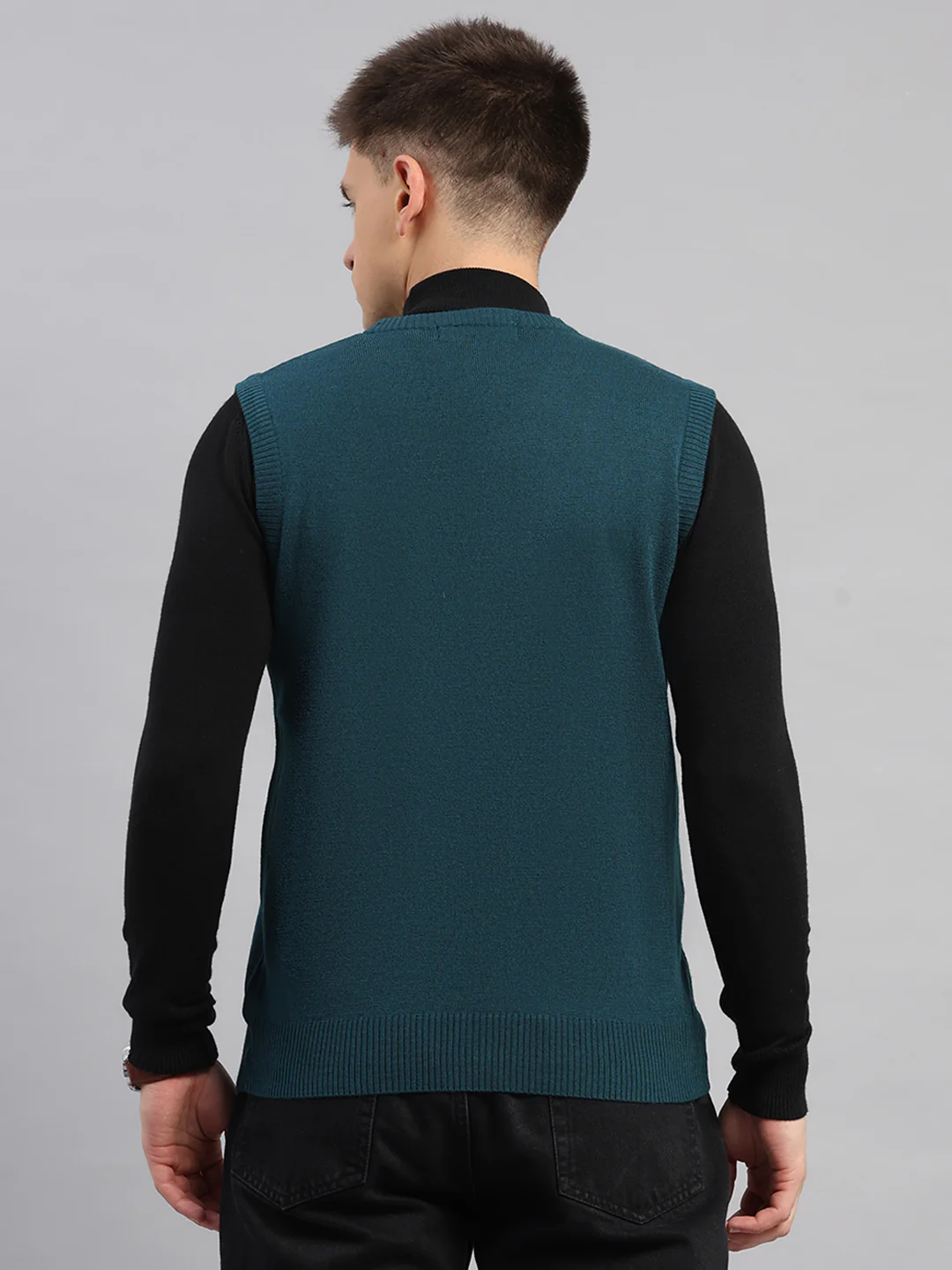 Men Teal Blue Solid V Neck Sleeveless Sweater - Image 5