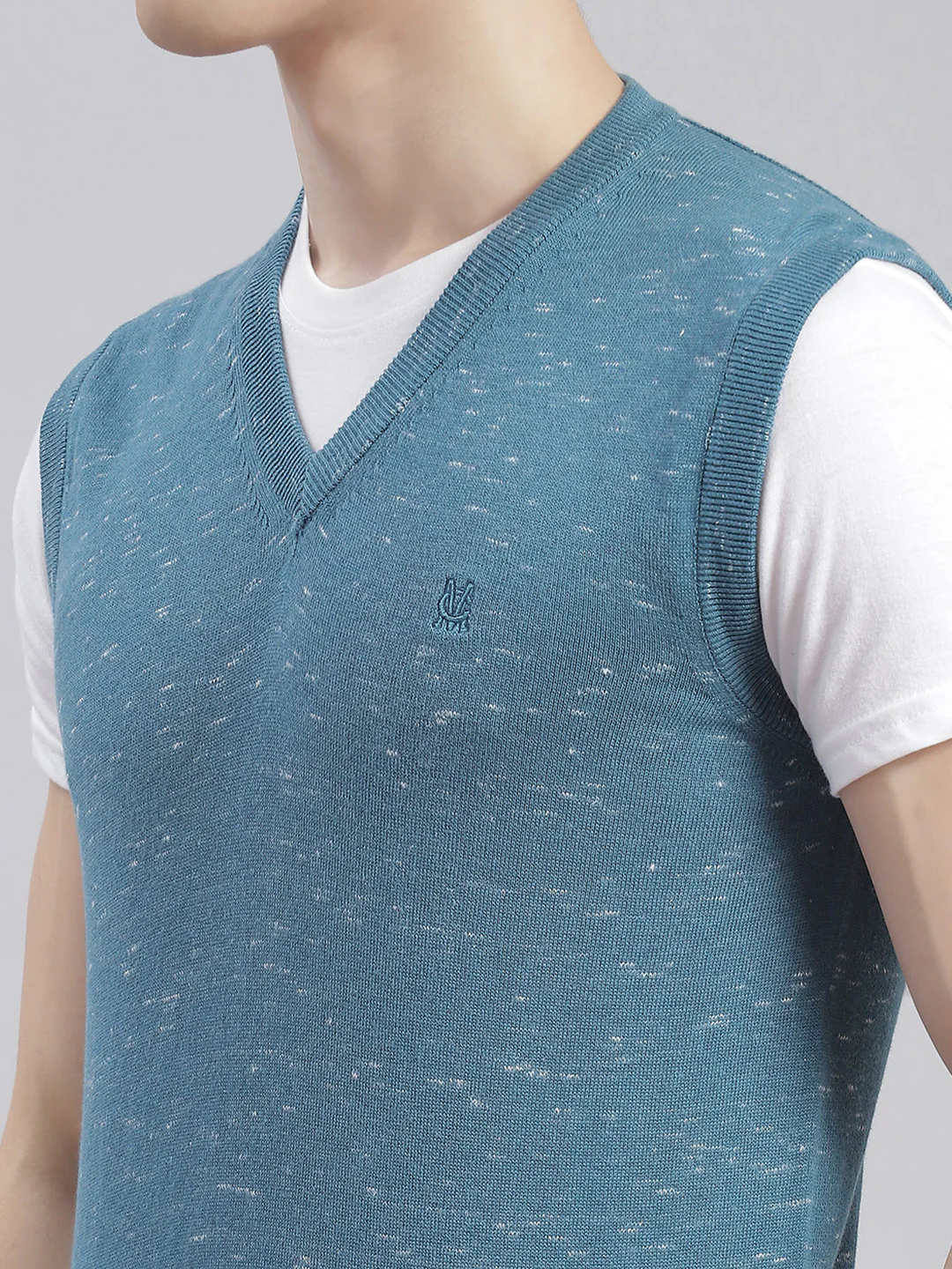 Men Teal Blue Solid V Neck Sleeveless Sweaters/Pullovers - Image 6