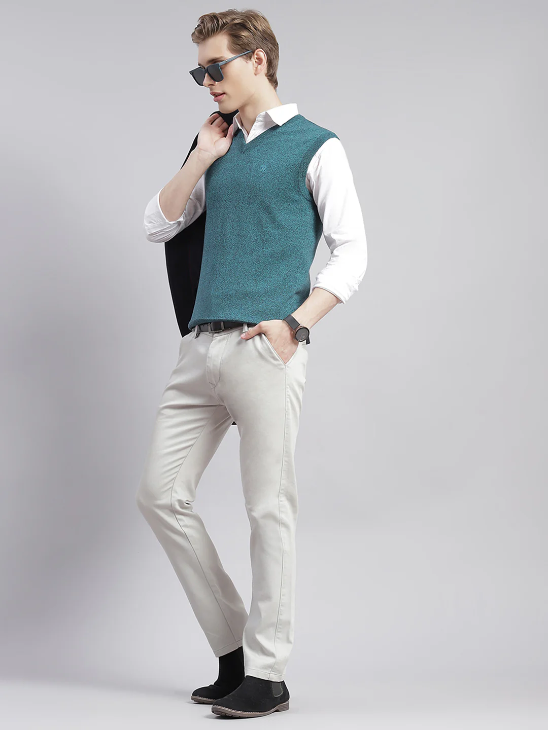 Men Teal Blue Solid V Neck Sleeveless Sweaters/Pullovers - Image 2