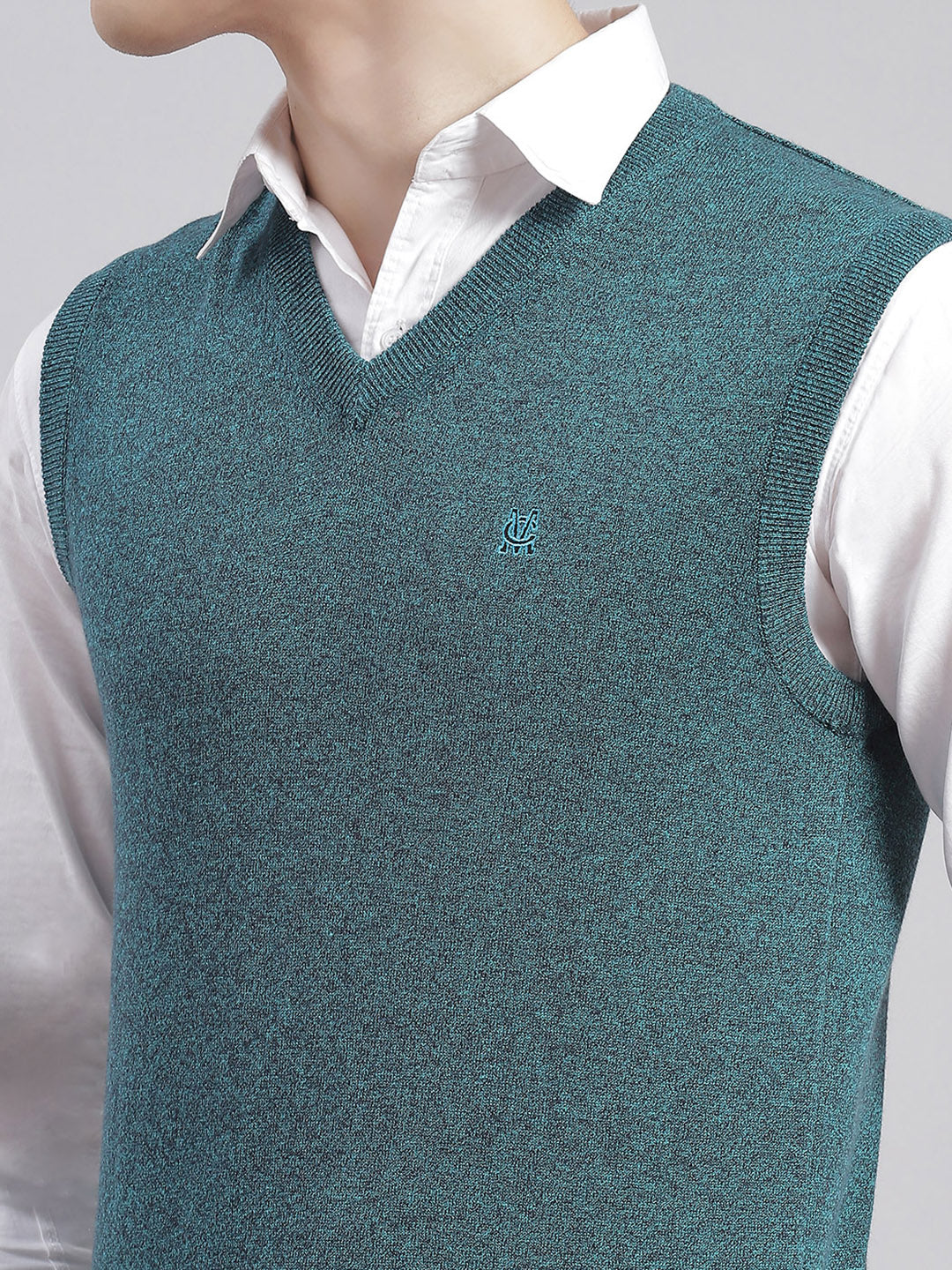 Men Teal Blue Solid V Neck Sleeveless Sweaters/Pullovers - Image 6