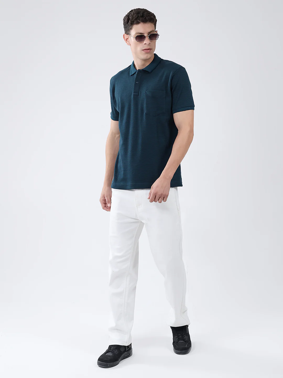 Men Teal Blue Stripe Collar Half Sleeve T-Shirt - Image 2