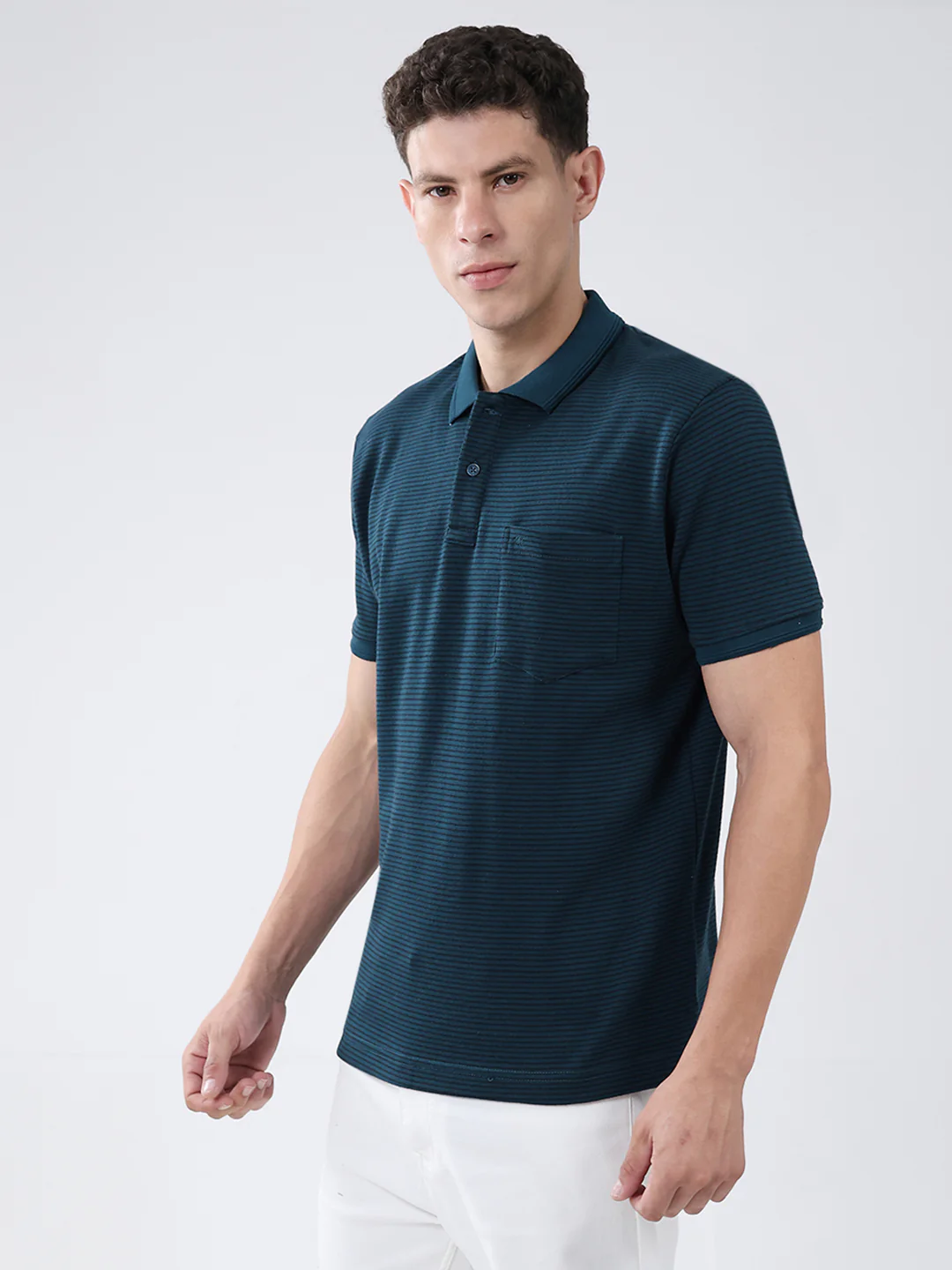 Men Teal Blue Stripe Collar Half Sleeve T-Shirt - Image 3