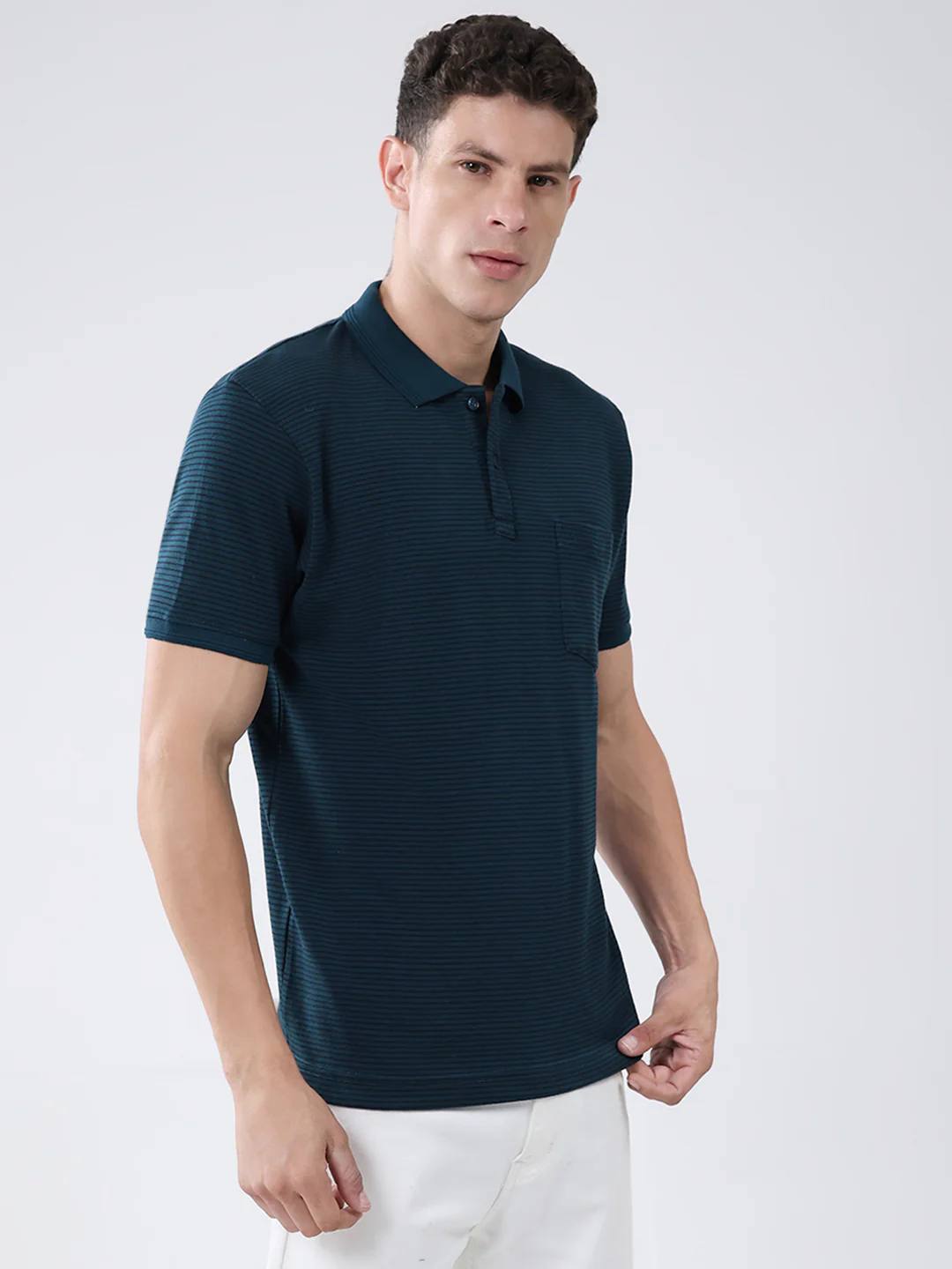 Men Teal Blue Stripe Collar Half Sleeve T-Shirt - Image 4
