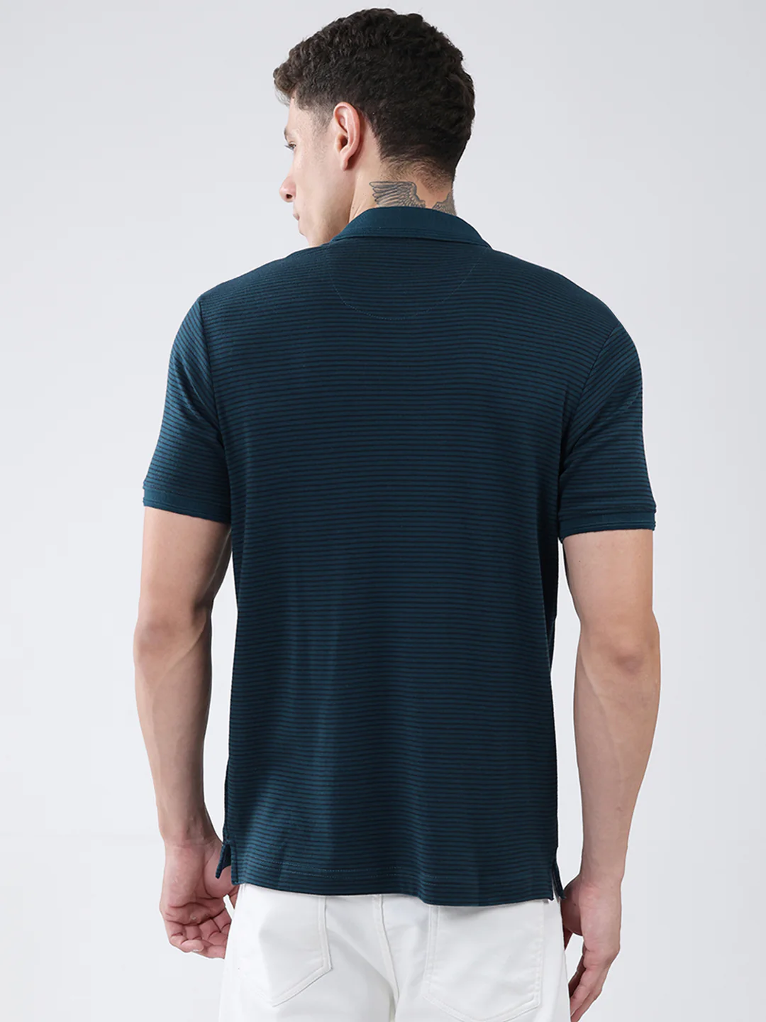 Men Teal Blue Stripe Collar Half Sleeve T-Shirt - Image 5