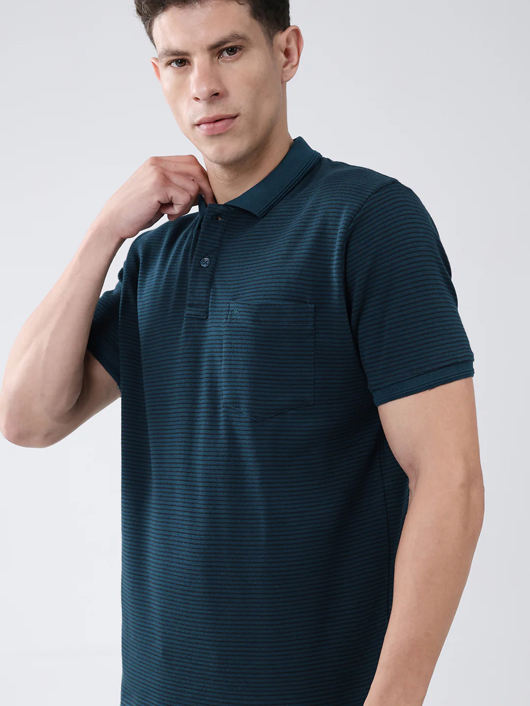 Men Teal Blue Stripe Collar Half Sleeve T-Shirt - Image 6
