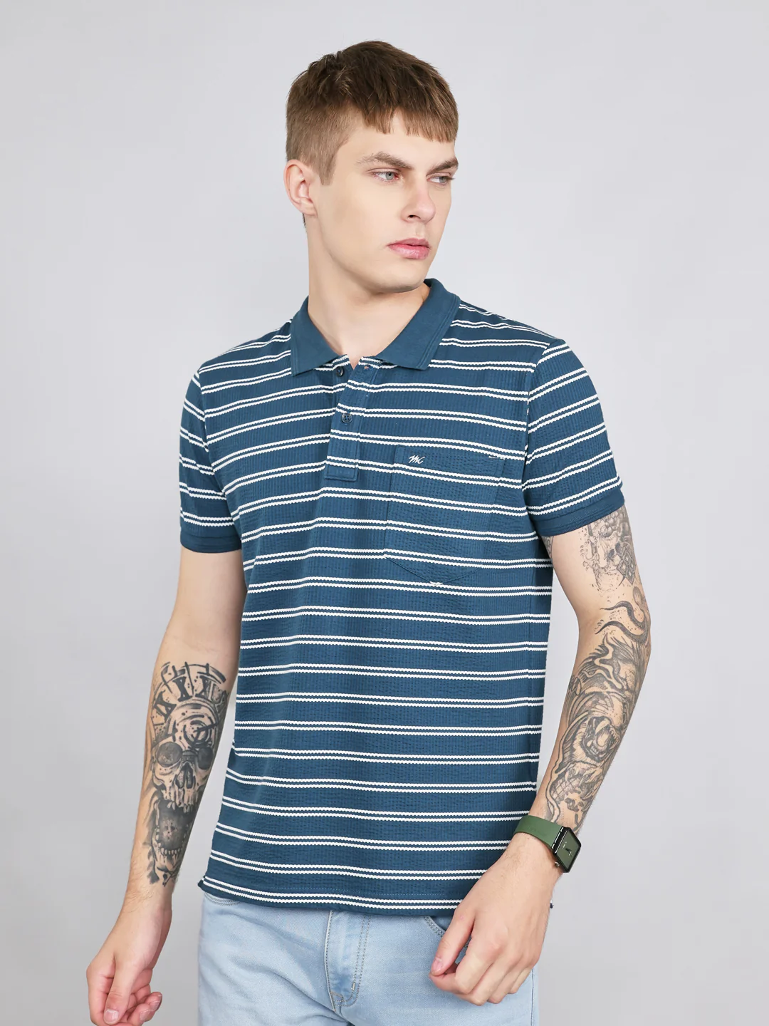 Men Teal Blue Stripe Collar Half Sleeve T-Shirt - Image 2