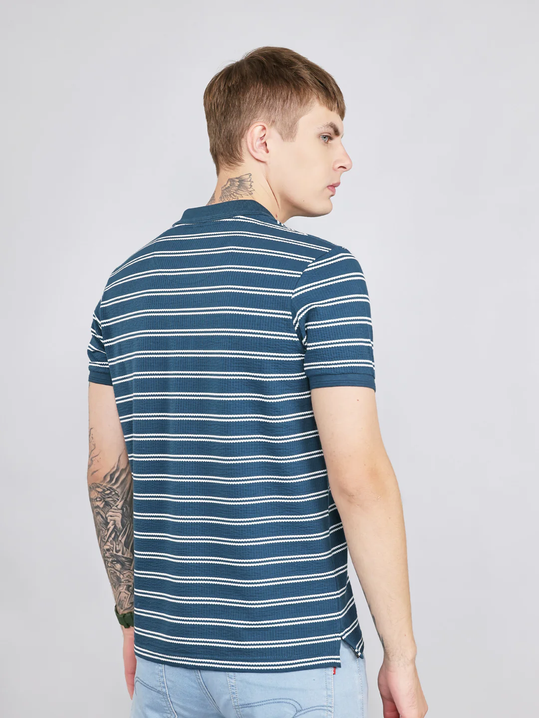 Men Teal Blue Stripe Collar Half Sleeve T-Shirt - Image 4