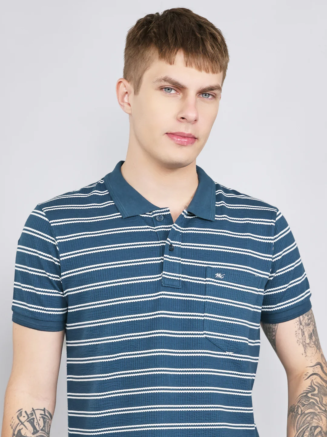 Men Teal Blue Stripe Collar Half Sleeve T-Shirt - Image 5