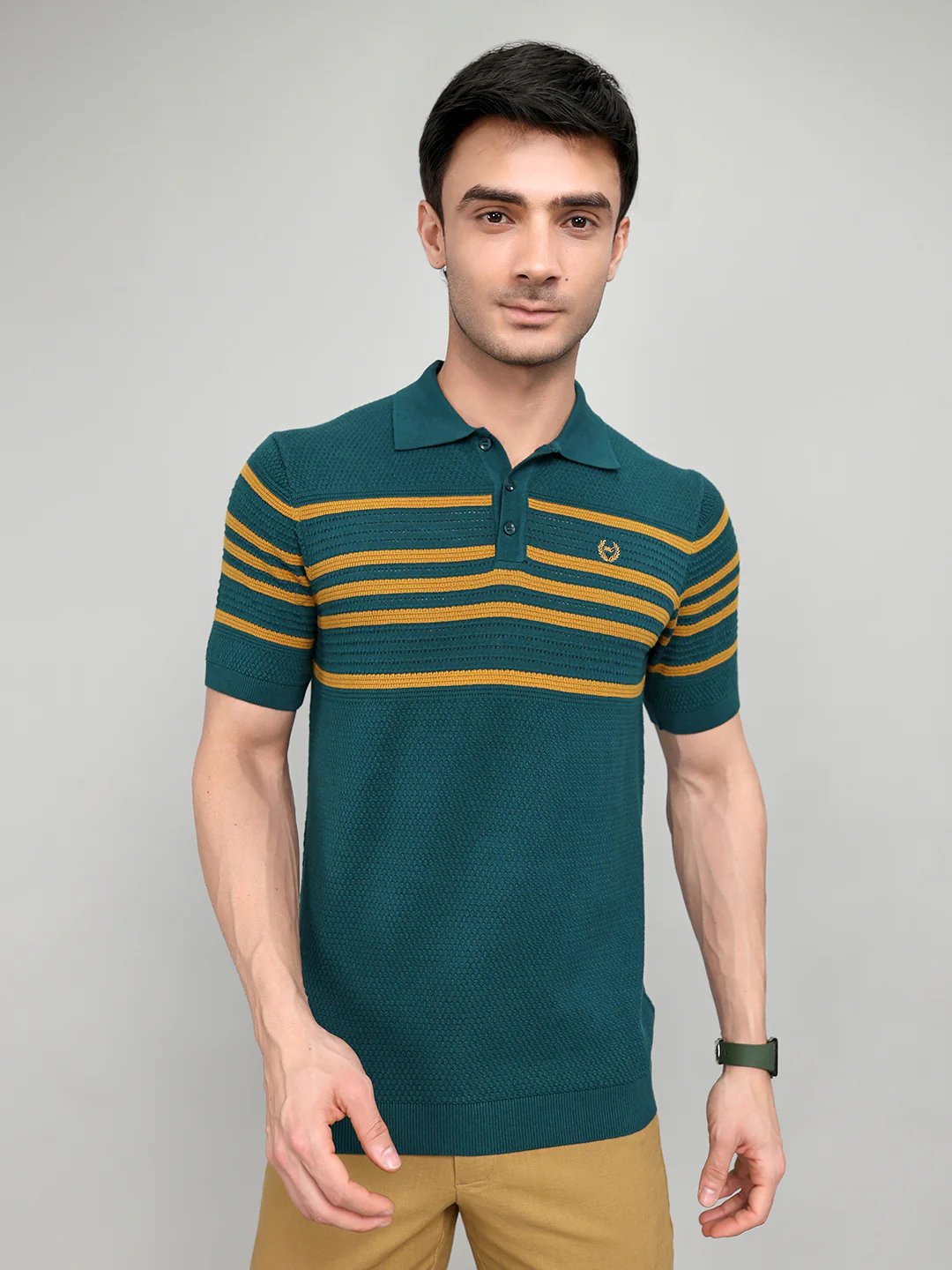Men Teal Blue Stripe Collar Half Sleeve T-Shirt