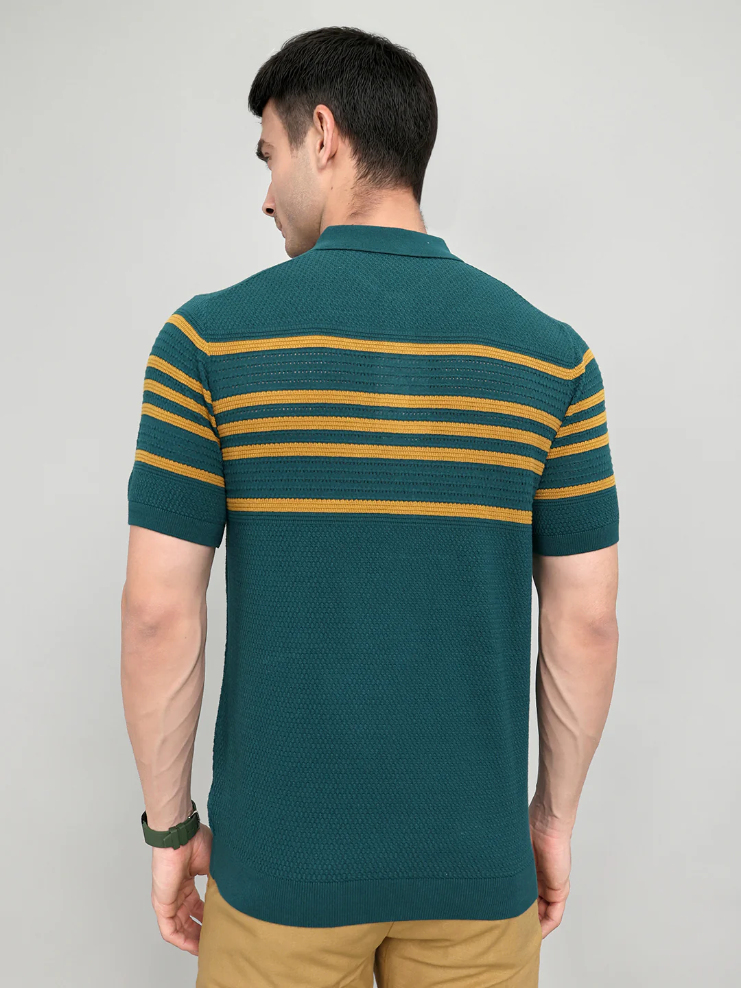 Men Teal Blue Stripe Collar Half Sleeve T-Shirt - Image 4