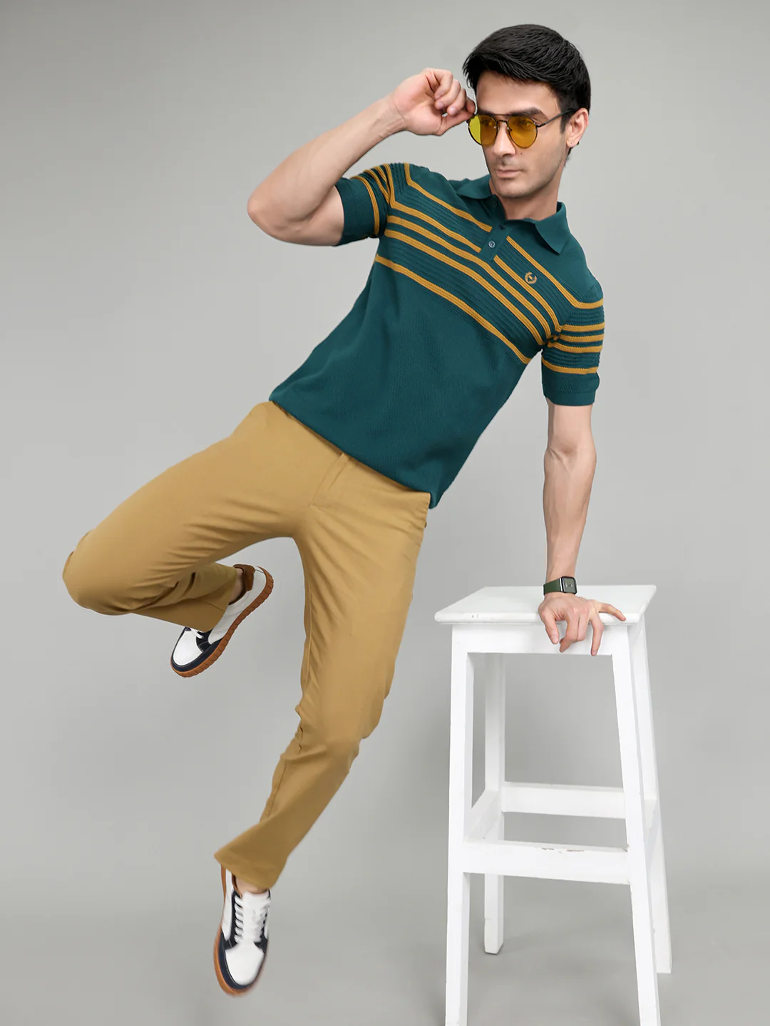 Men Teal Blue Stripe Collar Half Sleeve T-Shirt - Image 6