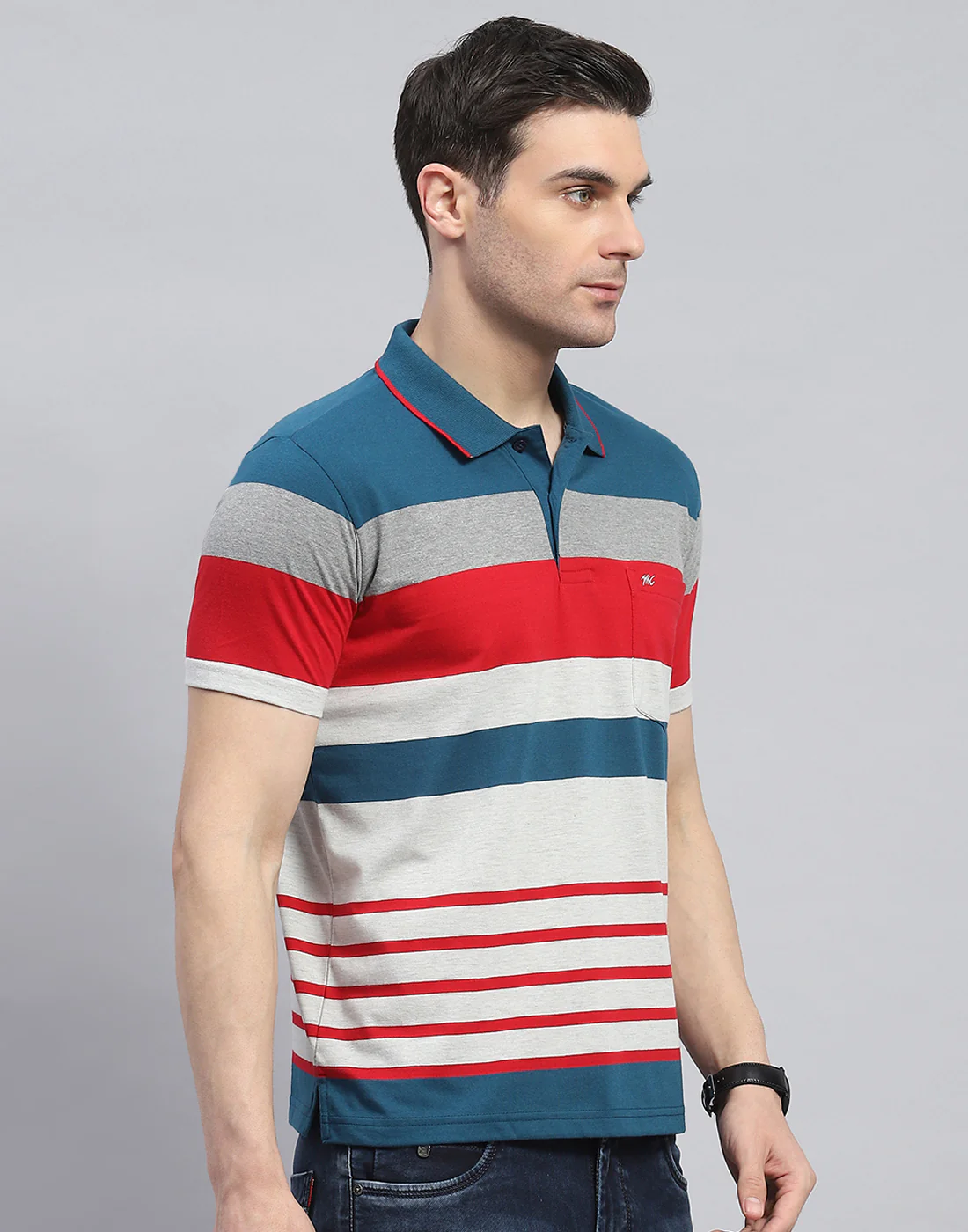 Men Teal Blue Stripe Polo Collar Half Sleeve T-Shirt - Image 4