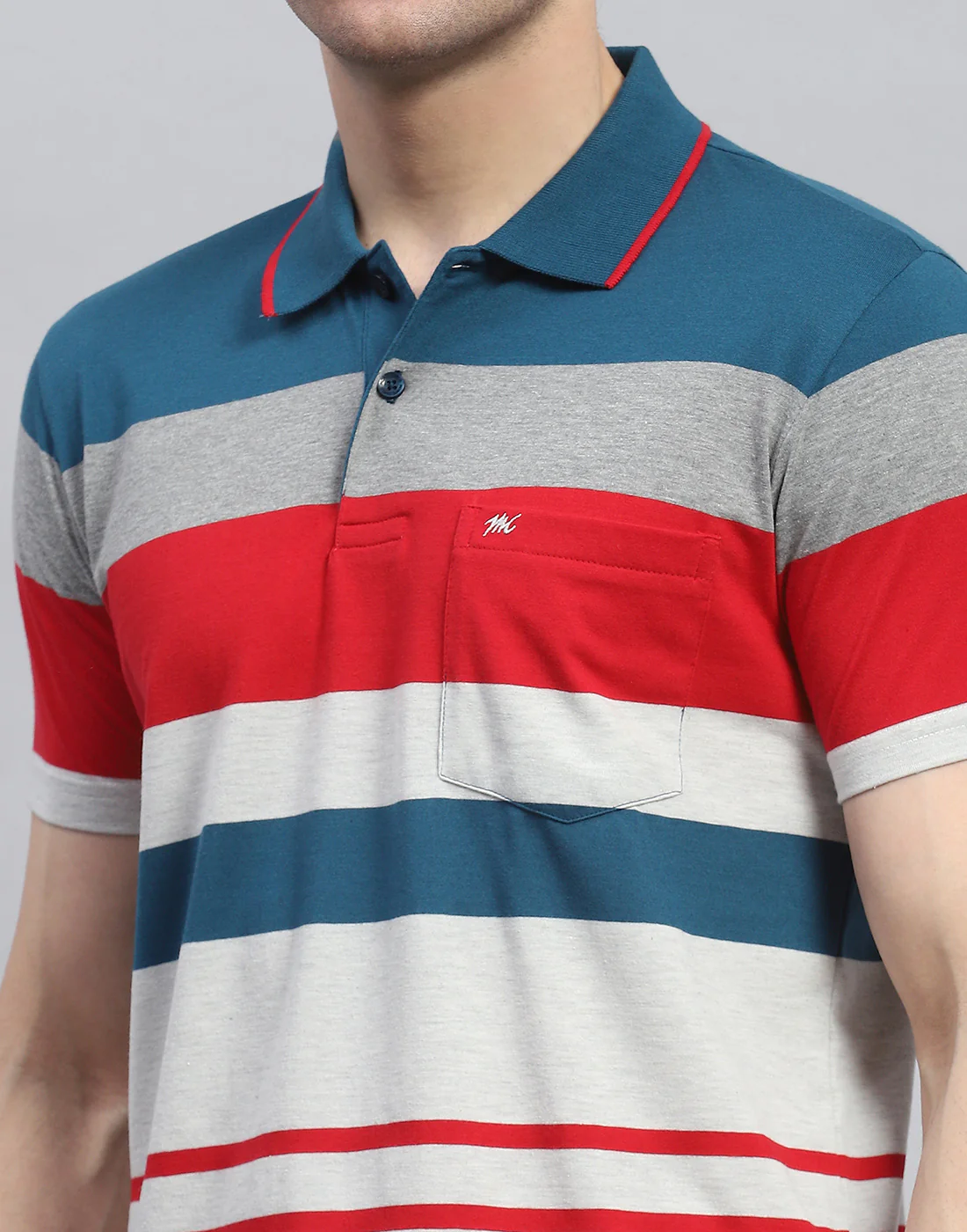 Men Teal Blue Stripe Polo Collar Half Sleeve T-Shirt - Image 6