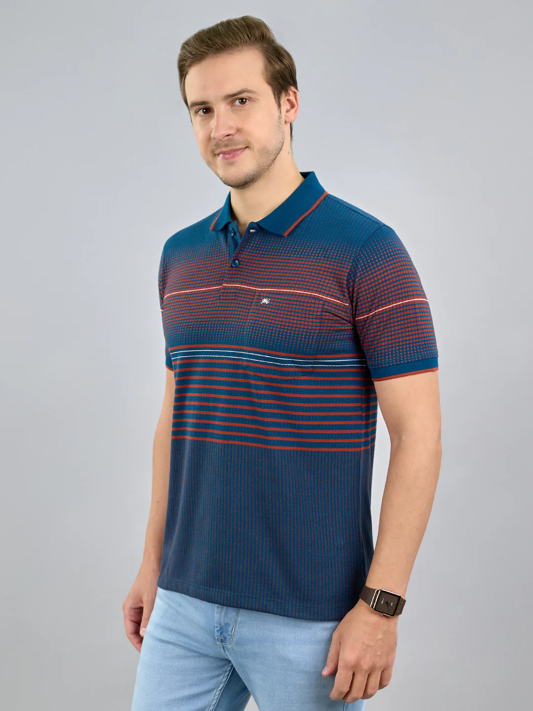Men Teal Blue Stripe Polo Collar Half Sleeve T-Shirt - Image 3