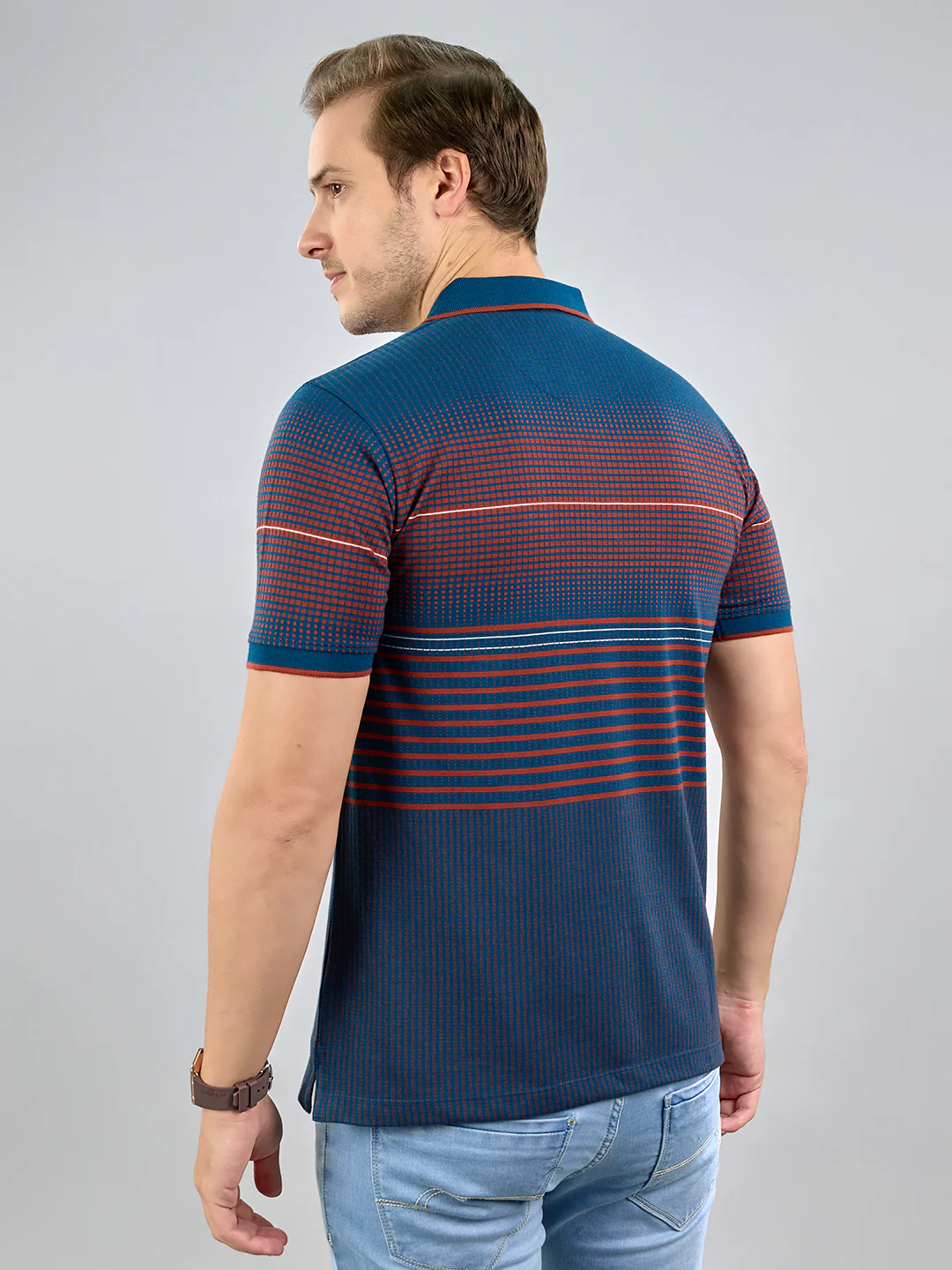Men Teal Blue Stripe Polo Collar Half Sleeve T-Shirt - Image 4