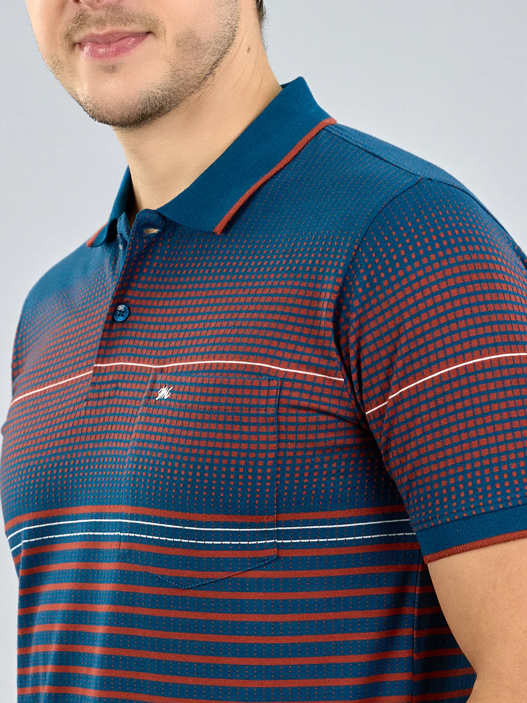 Men Teal Blue Stripe Polo Collar Half Sleeve T-Shirt - Image 5