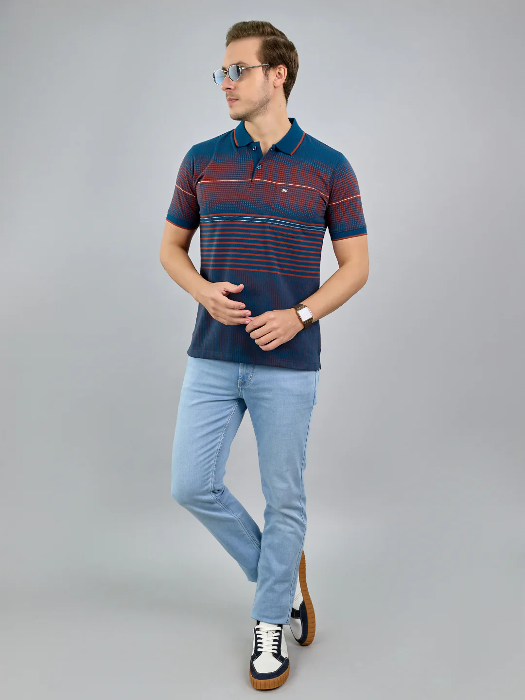 Men Teal Blue Stripe Polo Collar Half Sleeve T-Shirt - Image 6