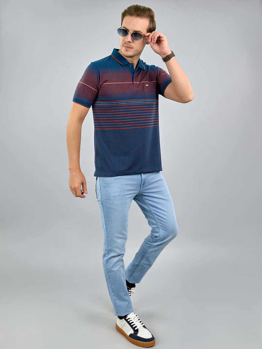 Men Teal Blue Stripe Polo Collar Half Sleeve T-Shirt - Image 7