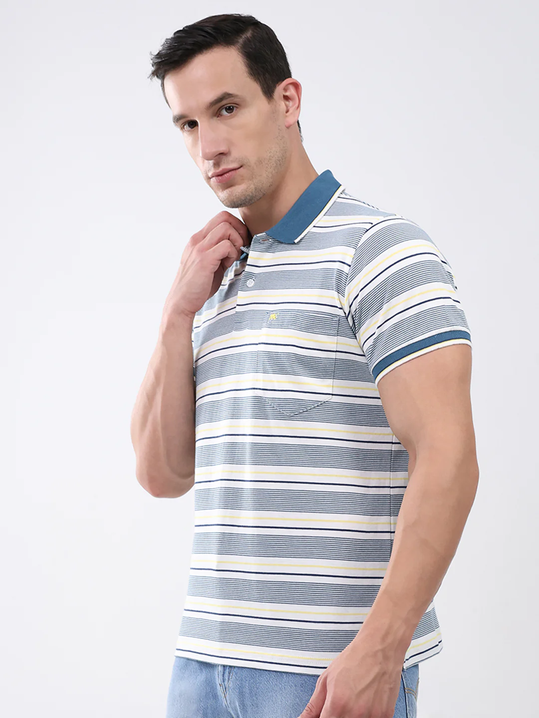 Men Teal Blue Stripe Stand Collar Half Sleeve T-Shirt - Image 3