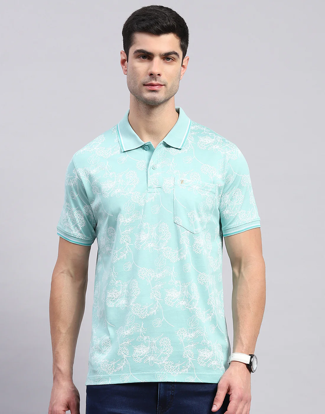 Men Turquoise Blue Jaquard Polo Collar Half Sleeve T-Shirt - Image 3