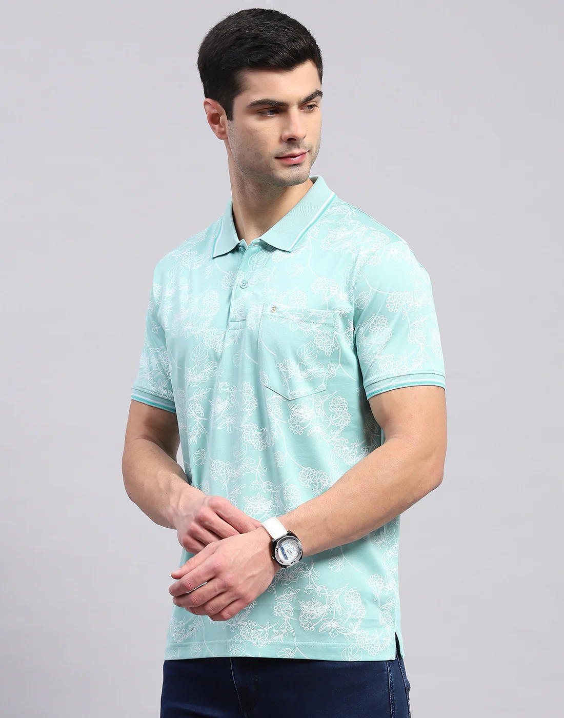 Men Turquoise Blue Jaquard Polo Collar Half Sleeve T-Shirt - Image 4