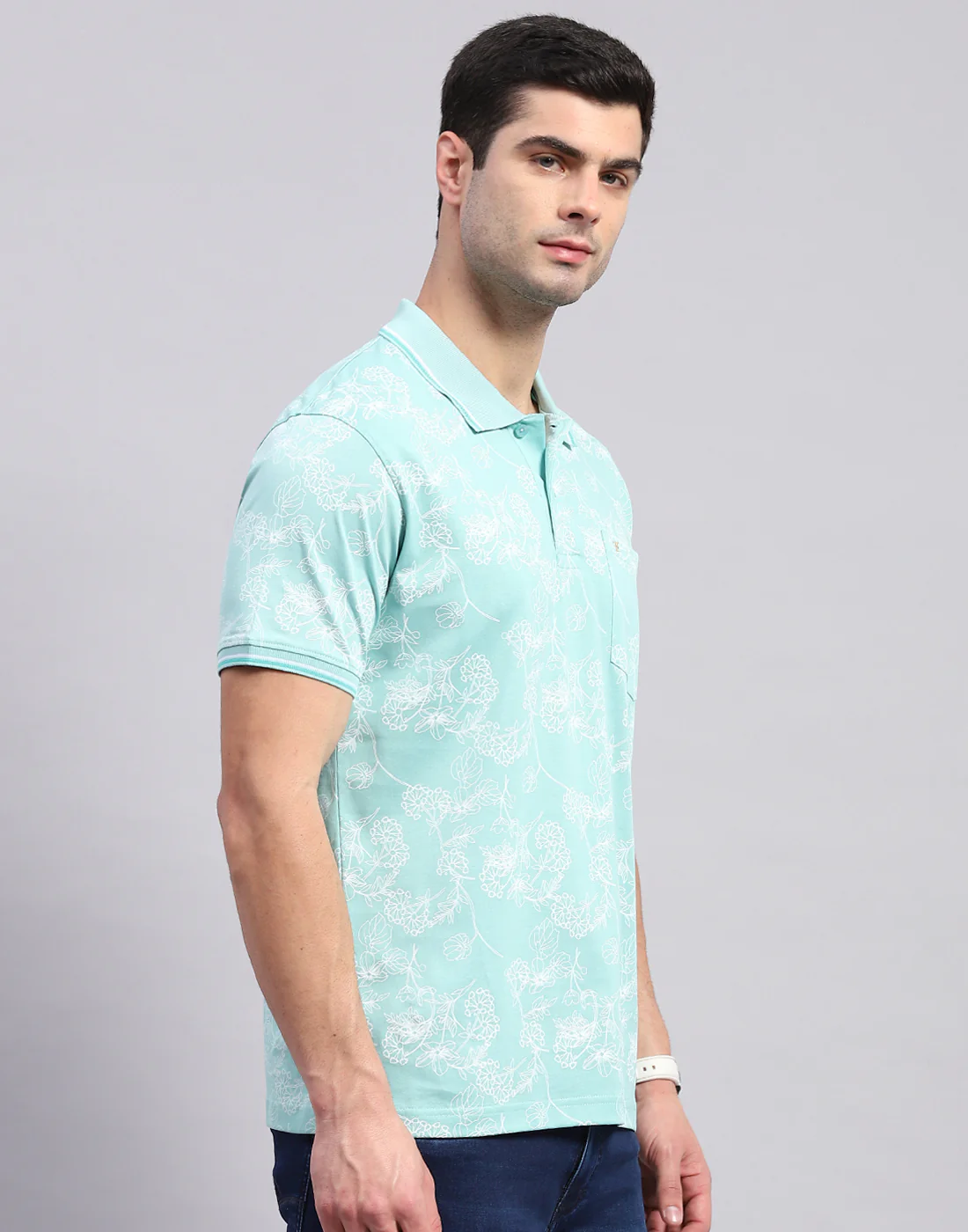 Men Turquoise Blue Jaquard Polo Collar Half Sleeve T-Shirt - Image 5