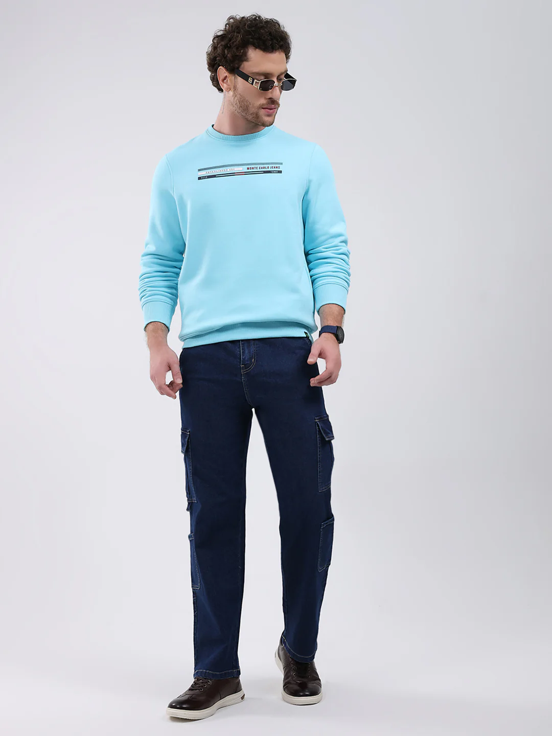 Men Turquoise Blue Printed Round Neck Full Sleeve Sweatshirt - Image 2