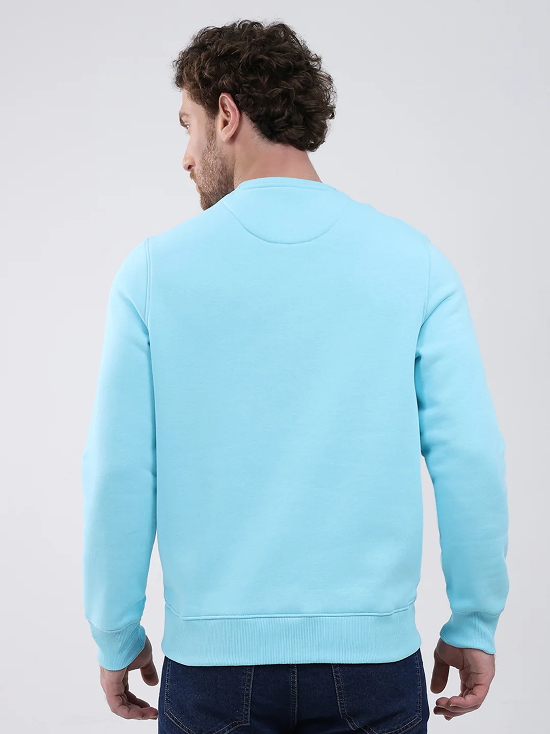 Men Turquoise Blue Printed Round Neck Full Sleeve Sweatshirt - Image 5