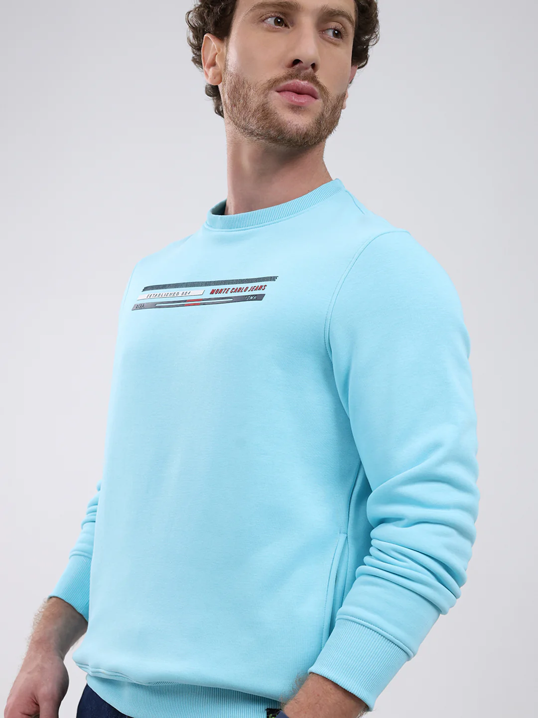 Men Turquoise Blue Printed Round Neck Full Sleeve Sweatshirt - Image 6
