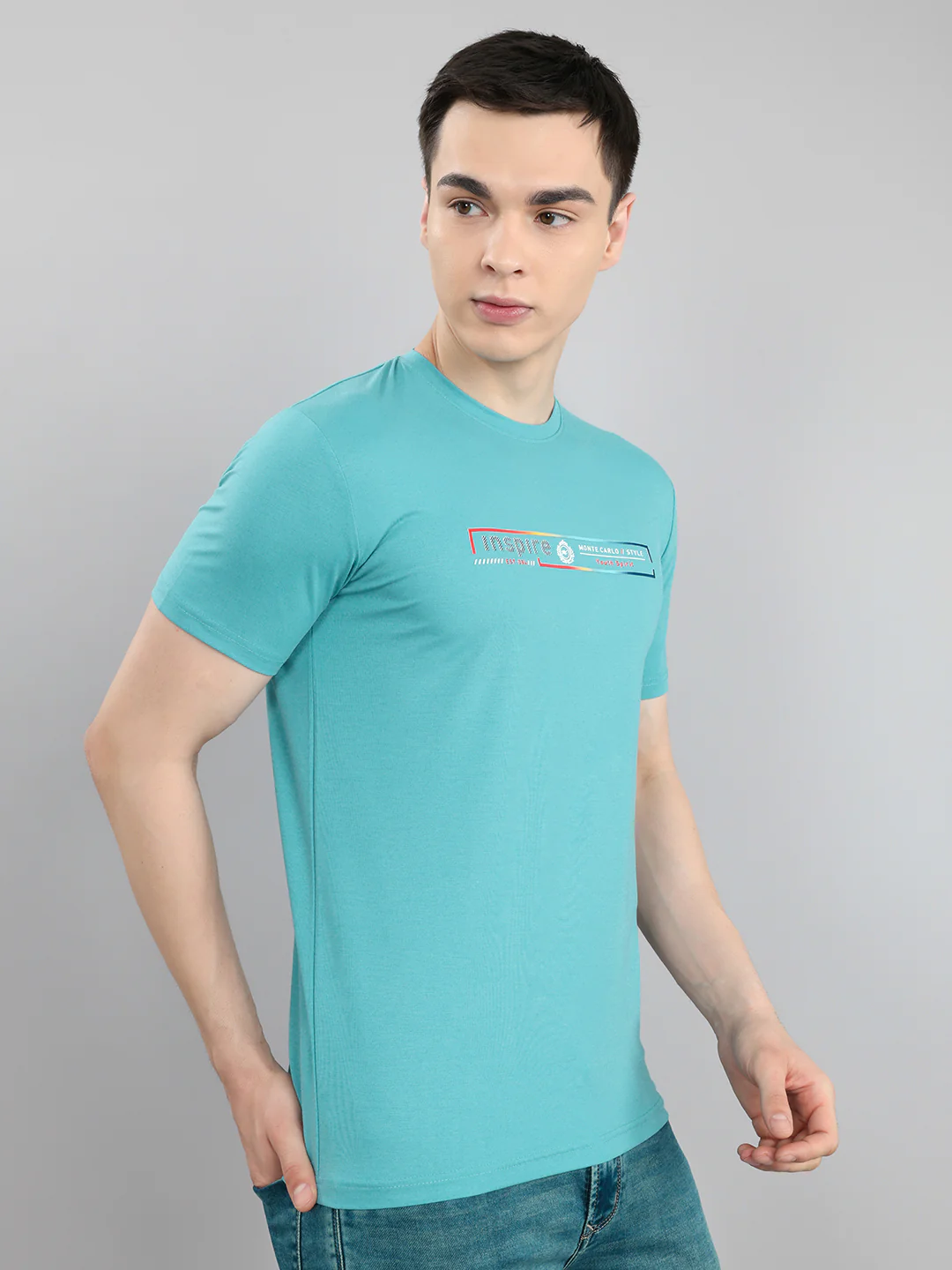 Men Turquoise Blue Printed Round Neck Half Sleeve T-Shirt - Image 3