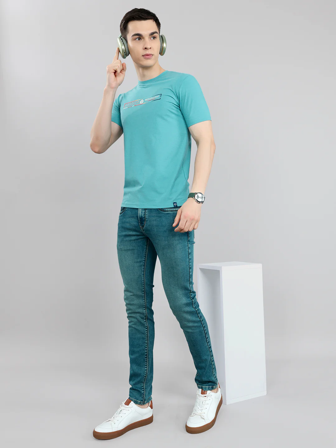 Men Turquoise Blue Printed Round Neck Half Sleeve T-Shirt - Image 6