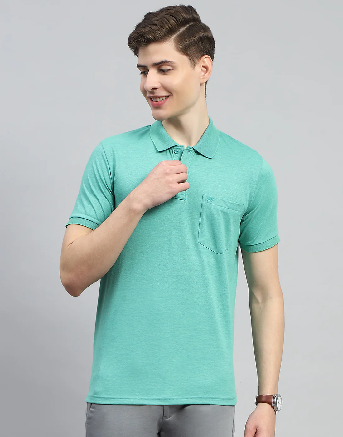 Men Turquoise Blue Solid Polo Collar Half Sleeve T-Shirt - Image 3