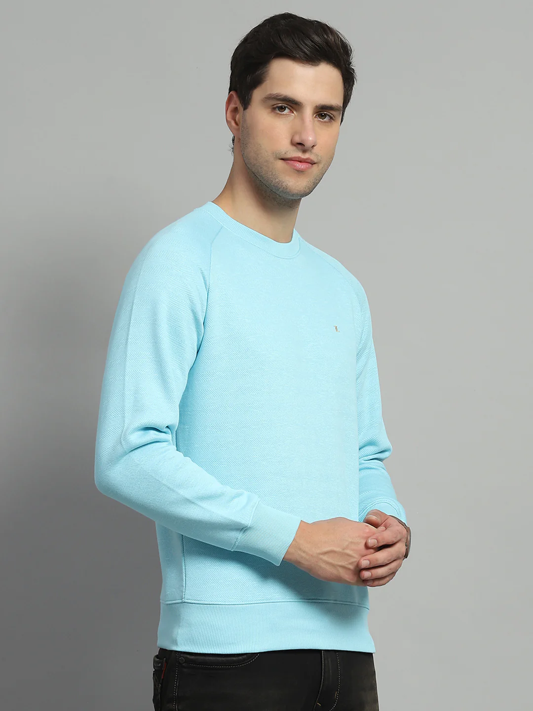 Men Turquoise Blue Solid Round Neck Full Sleeve Sweatshirt - Image 4