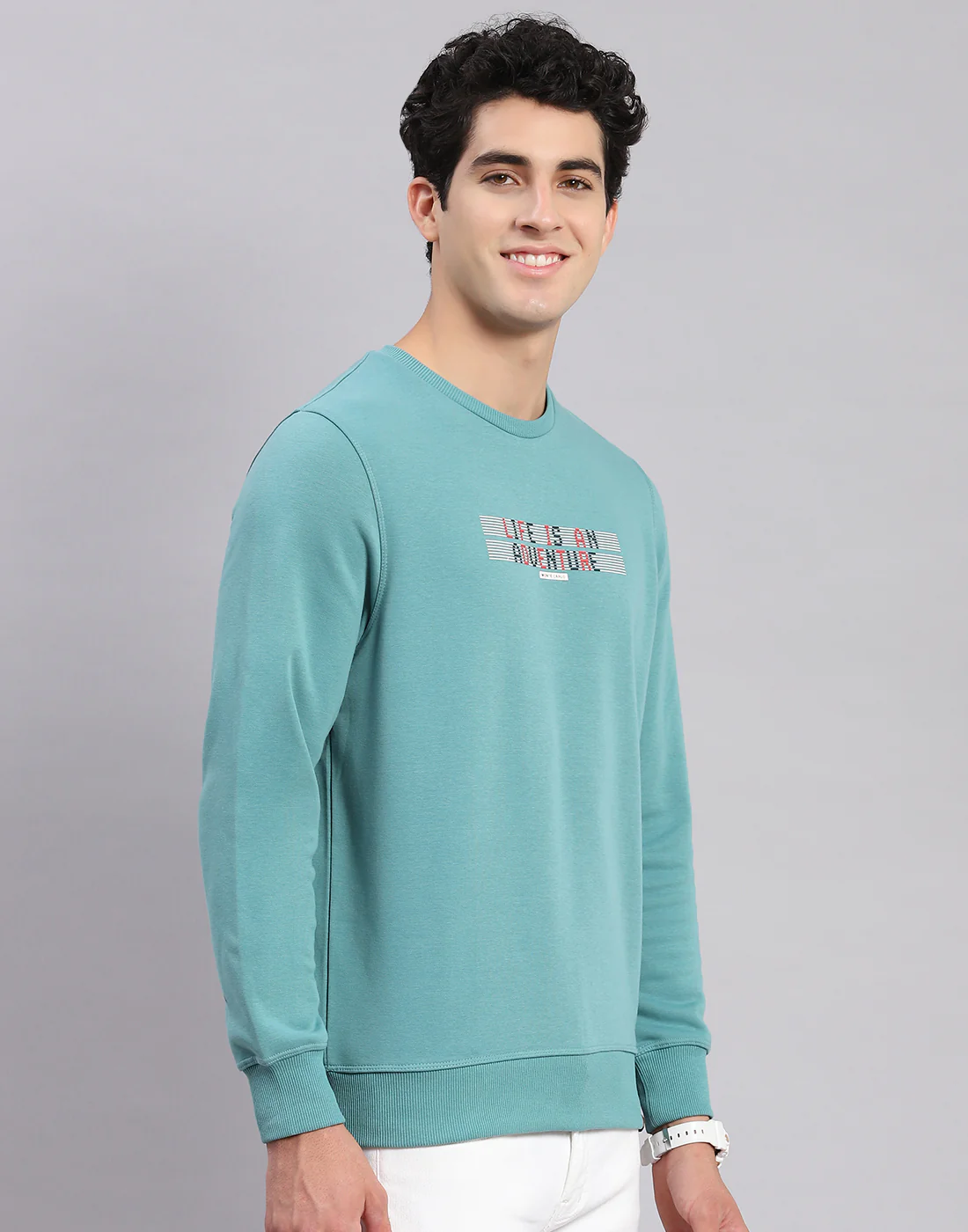 Men Turquoise Blue Solid Round Neck Full Sleeve Sweatshirts - Image 4