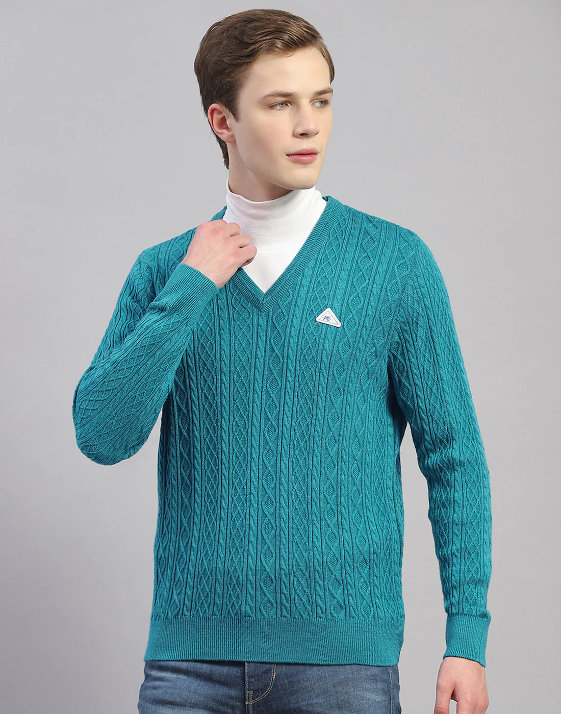 Men Turquoise Blue Solid V Neck Full Sleeve Pullover - Image 3