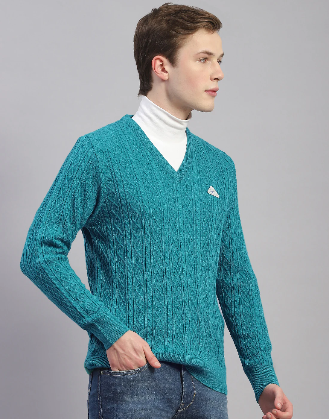 Men Turquoise Blue Solid V Neck Full Sleeve Pullover - Image 4