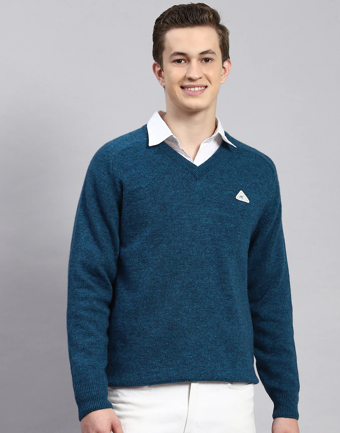 Men Turquoise Blue Solid V Neck Full Sleeve Pullover - Image 3