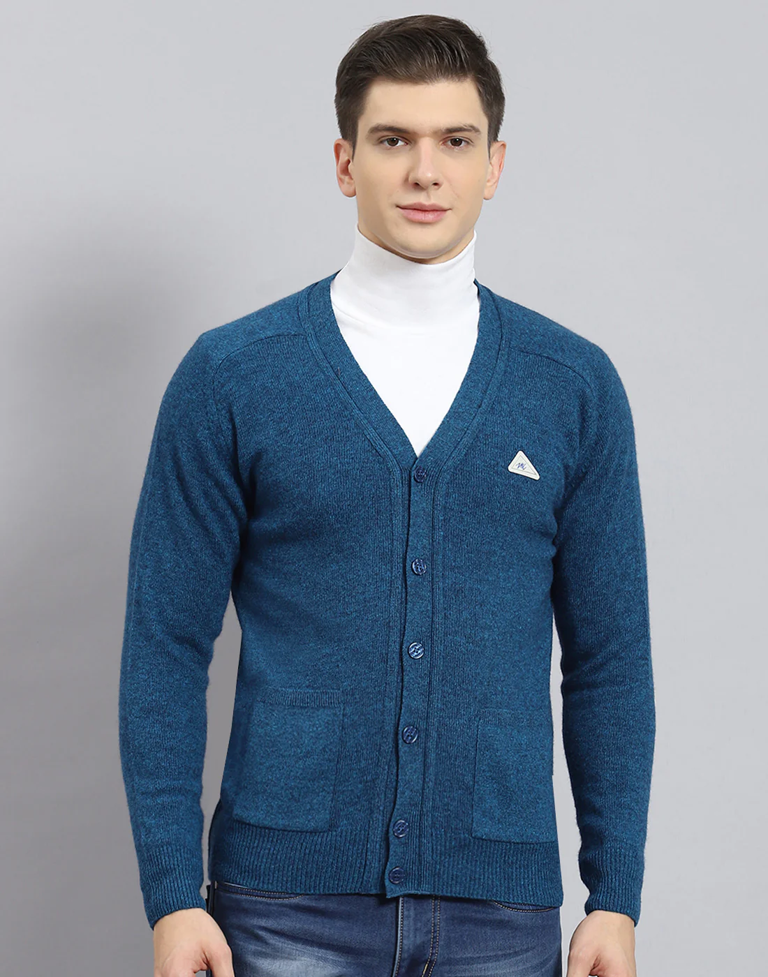 Men Turquoise Blue Solid V Neck Full Sleeve Sweater - Image 3