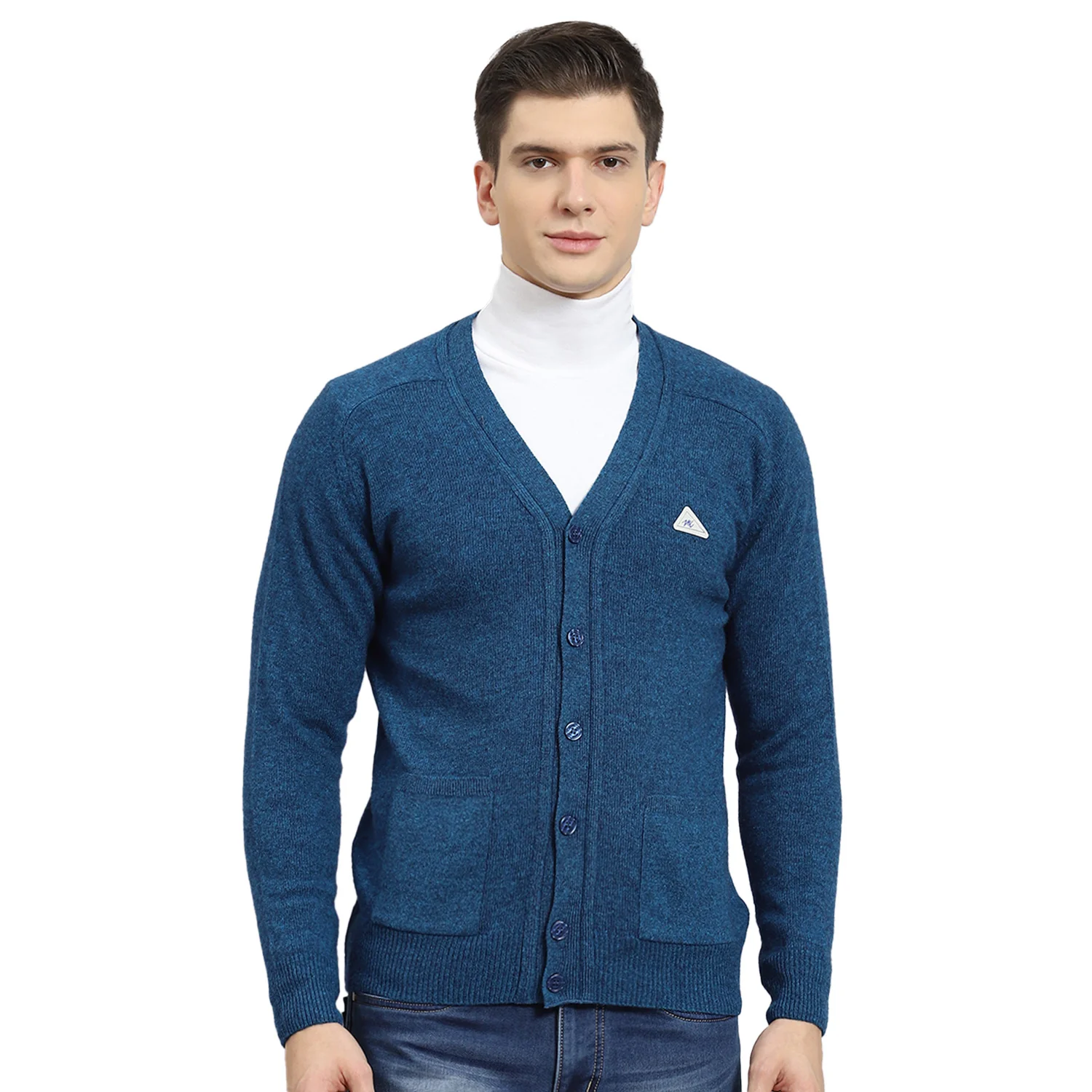 Men Turquoise Blue Solid V Neck Full Sleeve Sweater - Image 5