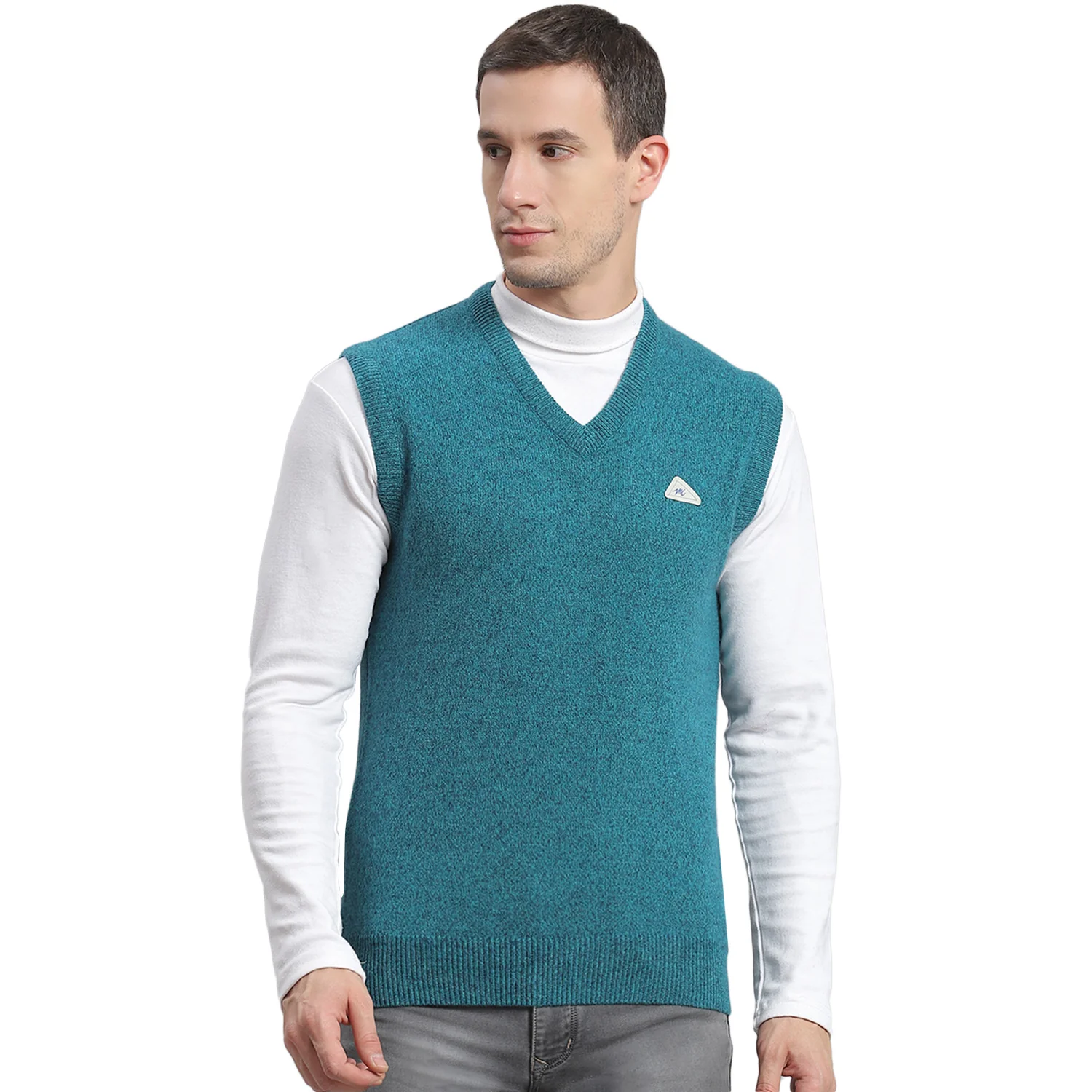 Men Turquoise Blue Solid V Neck Sleeveless Sweater - Image 5