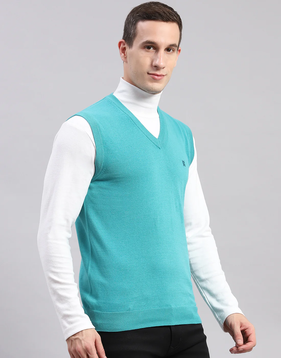 Men Turquoise Blue Solid V Neck Sleeveless Sweaters/Pullovers - Image 4